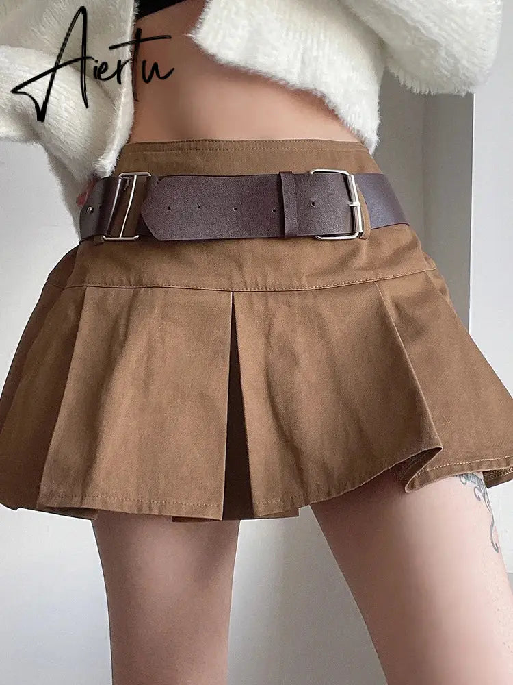 Casual Brown Pleated Mini Skirt Ladies High Waisted Short Skirts Womens with Belt Korean Fashion 90s Summer Street Aiertu