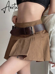 Casual Brown Pleated Mini Skirt Ladies High Waisted Short Skirts Womens with Belt Korean Fashion 90s Summer Street Aiertu
