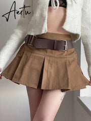 Casual Brown Pleated Mini Skirt Ladies High Waisted Short Skirts Womens with Belt Korean Fashion 90s Summer Street Aiertu