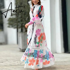 Casual Commute Maxi Dresses Fashion Lace Ruched Stitching Print Women Dress Ladies New High Street Stand Collar Long Shirt Dress Aiertu