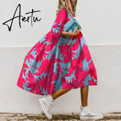Casual Female Leopard Party Baggy Dress Elegant Print Dress Women Long Midi Dress Autumn Summer Sundress Long Sleeve Robe Aiertu