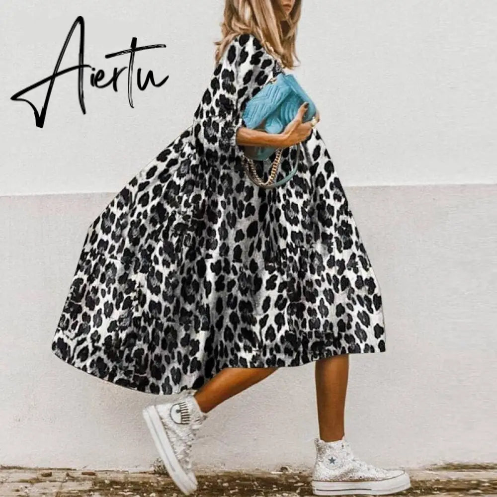 Casual Female Leopard Party Baggy Dress Elegant Print Dress Women Long Midi Dress Autumn Summer Sundress Long Sleeve Robe Aiertu