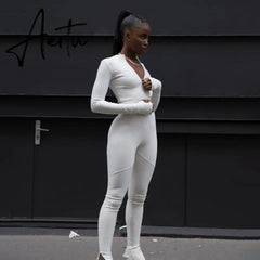 Casual Fitness Sporty Rompers Womens Jumpsuits Workout Zipper Activewear Long Sleeve Skinny Solid Jumpsuits Autumn Aiertu