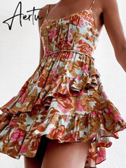 Aiertu Casual Floral Elegant French Dress Summer Women Sexy Backless Bandage Halter Pink Flower Print Beach Style Mini Dress Aiertu