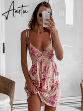 Aiertu Casual Floral Elegant French Dress Summer Women Sexy Backless Bandage Halter Pink Flower Print Beach Style Mini Dress Aiertu