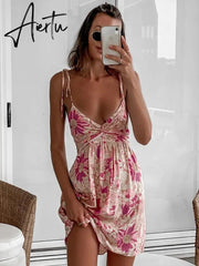 Aiertu Casual Floral Elegant French Dress Summer Women Sexy Backless Bandage Halter Pink Flower Print Beach Style Mini Dress Aiertu
