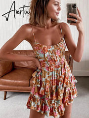 Aiertu Casual Floral Elegant French Dress Summer Women Sexy Backless Bandage Halter Pink Flower Print Beach Style Mini Dress Aiertu