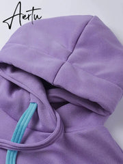 Casual Hooded Sweatshirt Women Suit Spliced Long Sleeve Pullover Female 2 Piece Sets Elastic Waist Jogging Pants Lady Set Aiertu