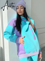 Casual Hooded Sweatshirt Women Suit Spliced Long Sleeve Pullover Female 2 Piece Sets Elastic Waist Jogging Pants Lady Set Aiertu