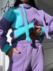 Casual Hooded Sweatshirt Women Suit Spliced Long Sleeve Pullover Female 2 Piece Sets Elastic Waist Jogging Pants Lady Set Aiertu