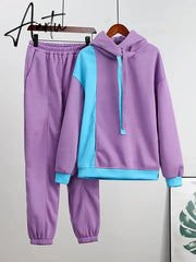 Casual Hooded Sweatshirt Women Suit Spliced Long Sleeve Pullover Female 2 Piece Sets Elastic Waist Jogging Pants Lady Set Aiertu