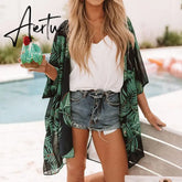 Casual Leaves Print Chiffon Kaftan Beach Cover Up Cardigan Shawl Swimwear Women Summer Swimsuit Pareos Cape Saida De Praia Aiertu