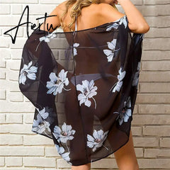 Casual Leaves Print Chiffon Kaftan Beach Cover Up Cardigan Shawl Swimwear Women Summer Swimsuit Pareos Cape Saida De Praia Aiertu