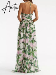 Casual Long Dress For Women Halter Sleeveless High Waist Hit Color Patchwork Print Slim Dresses Female Summer Clothing Style Aiertu