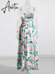 Casual Long Dress For Women Halter Sleeveless High Waist Hit Color Patchwork Print Slim Dresses Female Summer Clothing Style Aiertu