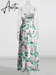 Casual Long Dress For Women Halter Sleeveless High Waist Hit Color Patchwork Print Slim Dresses Female Summer Clothing Style Aiertu