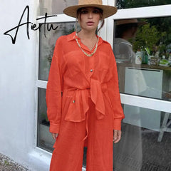 Casual Loose Home Suit Two Piece Pants Set Women Fashion Long Sleeve Blouses Matching Wide Trousers Suit Lace-Up Pant Sets Aiertu