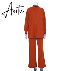 Casual Loose Home Suit Two Piece Pants Set Women Fashion Long Sleeve Blouses Matching Wide Trousers Suit Lace-Up Pant Sets Aiertu