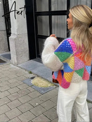 Aiertu Casual Patchwork Women Knitted Cardigans Autumn Long Lantern Sleeve Crochet Sweaters Female O-neck Loose Elegant Streetwear Aiertu