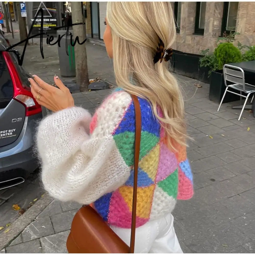 Aiertu Casual Patchwork Women Knitted Cardigans Autumn Long Lantern Sleeve Crochet Sweaters Female O-neck Loose Elegant Streetwear Aiertu