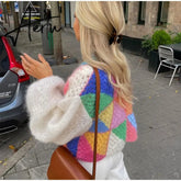 Aiertu Casual Patchwork Women Knitted Cardigans Autumn Long Lantern Sleeve Crochet Sweaters Female O-neck Loose Elegant Streetwear Aiertu