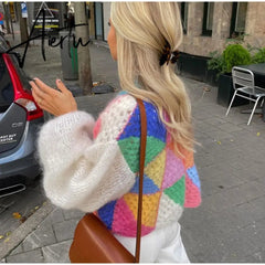 Aiertu Casual Patchwork Women Knitted Cardigans Autumn Long Lantern Sleeve Crochet Sweaters Female O-neck Loose Elegant Streetwear Aiertu
