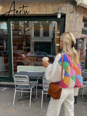 Aiertu Casual Patchwork Women Knitted Cardigans Autumn Long Lantern Sleeve Crochet Sweaters Female O-neck Loose Elegant Streetwear Aiertu