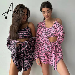 Casual Print Women's Pajamas Sexy Loose Pajamas For Women Lace-Up Long Sleeve Robes Shorts Set Female Sleepwear Home Suit Aiertu