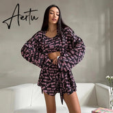 Casual Print Women's Pajamas Sexy Loose Pajamas For Women Lace-Up Long Sleeve Robes Shorts Set Female Sleepwear Home Suit Aiertu