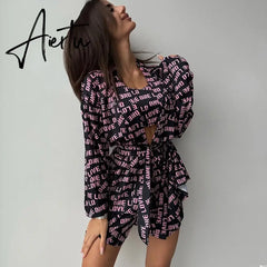 Casual Print Women's Pajamas Sexy Loose Pajamas For Women Lace-Up Long Sleeve Robes Shorts Set Female Sleepwear Home Suit Aiertu