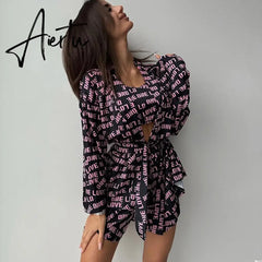 Casual Print Women's Pajamas Sexy Loose Pajamas For Women Lace-Up Long Sleeve Robes Shorts Set Female Sleepwear Home Suit Aiertu