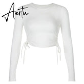 Casual Solid O-Neck Long Sleeve Crop Top Women Pullover Side Drawstring Sweatshirt Ruched White T-Shirt Tee Shirt Women Clothing Aiertu