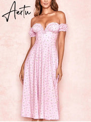 Casual Wear Summer High Quality Sexy Pink Dress Broken Off The Shoulder Backless Printing Dresses Long Skirt Women'S Clothing Aiertu