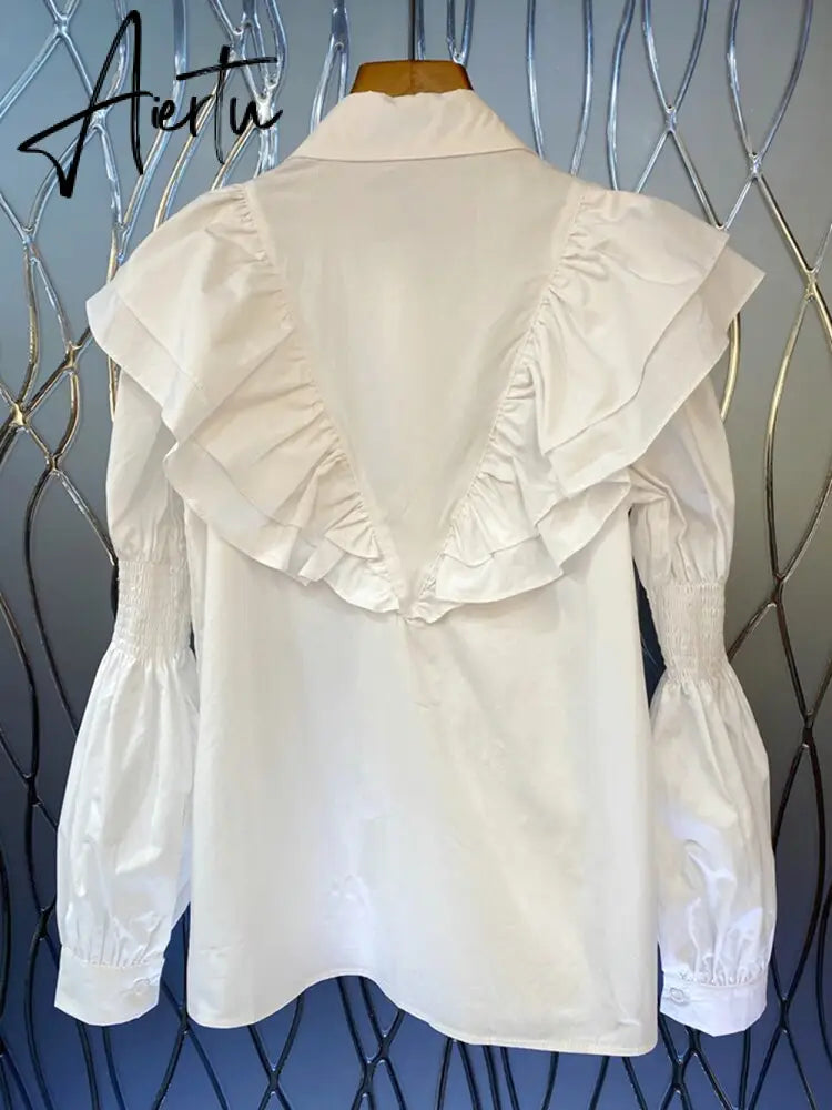 Casual White Shirt For Women Lapel Lantern Sleeve Solid Button Through Blouse Female Korean Fashion Clothing Style Aiertu