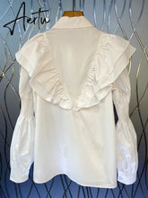Casual White Shirt For Women Lapel Lantern Sleeve Solid Button Through Blouse Female Korean Fashion Clothing Style Aiertu
