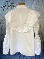 Casual White Shirt For Women Lapel Lantern Sleeve Solid Button Through Blouse Female Korean Fashion Clothing Style Aiertu