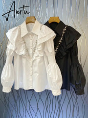 Casual White Shirt For Women Lapel Lantern Sleeve Solid Button Through Blouse Female Korean Fashion Clothing Style Aiertu