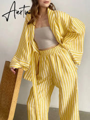 Casual Yellow Stripe Home Suits Elegant High Waist Wide Pants Set Fashion Long Sleeve Shirts Two Piece Pajamas Set Women Outfit Aiertu