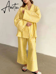 Casual Yellow Stripe Home Suits Elegant High Waist Wide Pants Set Fashion Long Sleeve Shirts Two Piece Pajamas Set Women Outfit Aiertu