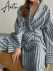 Casual Yellow Stripe Home Suits Elegant High Waist Wide Pants Set Fashion Long Sleeve Shirts Two Piece Pajamas Set Women Outfit Aiertu