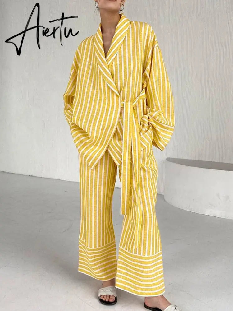 Casual Yellow Stripe Home Suits Elegant High Waist Wide Pants Set Fashion Long Sleeve Shirts Two Piece Pajamas Set Women Outfit Aiertu