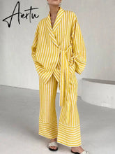 Casual Yellow Stripe Home Suits Elegant High Waist Wide Pants Set Fashion Long Sleeve Shirts Two Piece Pajamas Set Women Outfit Aiertu