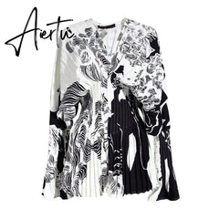 Causal Blouses For Female V Neck Flare Long Sleeve High Wiast Pleated Women Shirts Clothes Fashion Spring New Aiertu