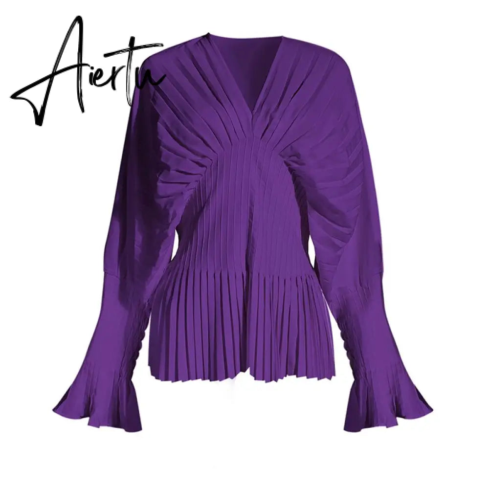 Causal Blouses For Female V Neck Flare Long Sleeve High Wiast Pleated Women Shirts Clothes Fashion Spring New Aiertu