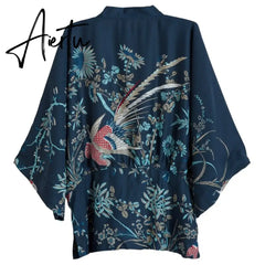 Causal Kimono Cardigan Harajuku Sun Protection Blouse Flower birds Print Shirt Three Quarter Sleeve Loose Tops Aiertu