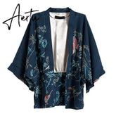 Causal Kimono Cardigan Harajuku Sun Protection Blouse Flower birds Print Shirt Three Quarter Sleeve Loose Tops Aiertu