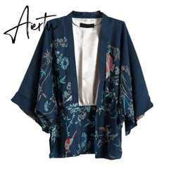 Causal Kimono Cardigan Harajuku Sun Protection Blouse Flower birds Print Shirt Three Quarter Sleeve Loose Tops Aiertu
