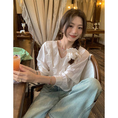 Aiertu Sweet Ruffles Shirts Women Korean Pink V Neck Long Sleeve Blouses Summer Ladies Fashion Elegant Loose Casual Chic Tops New Aiertu