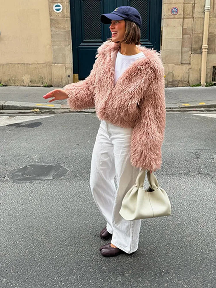 Aiertu - party look snspos Faux Fur Jackets Women Loose Casual Lapel Long Sleeves Zipper Coats Female 2024 Autumn Winter Fashion Solid Warm Outwears Lady Aiertu