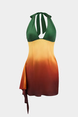 Aiertu - Ombre Print Satin Ruffle Tie Up Backless Mini Dress Aiertu